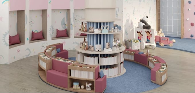 aesthetic kids preschool interior,library 3d space,kids learning room layout,cgi