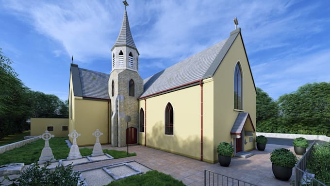 create photorealistic design 3d church, mosque, synagogue and shul architecture