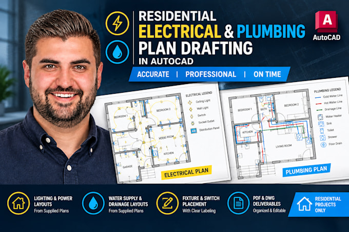 draft residential, electrical, plumbing plans in autocad