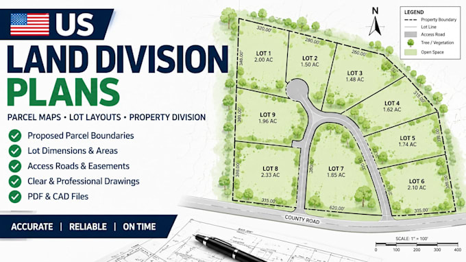 create US land division plans, parcel maps and property lot layouts