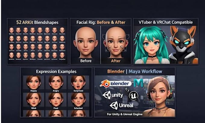 fix facial rigging blendshapes, arkit expressions and 3d character lip sync
