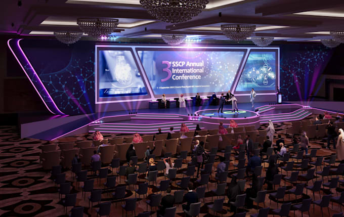 create 3d event stage design with realistic stage lighting, led screen