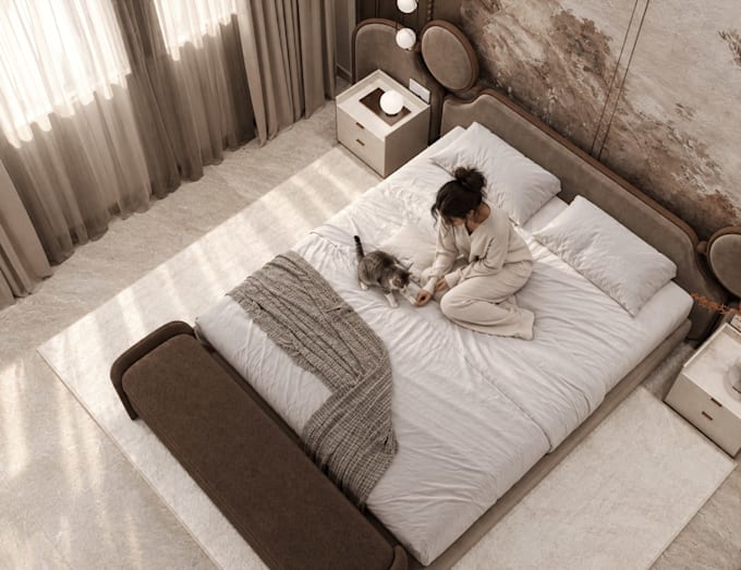 design and render a photorealistic 3d bedroom interior