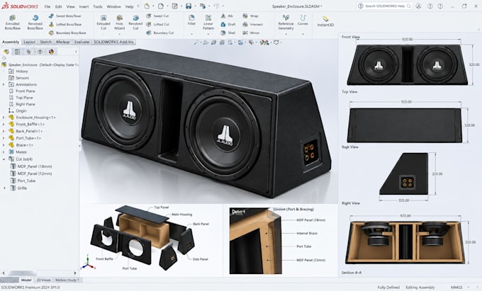 do automotive part, engine mount, speaker enclosure, engine bay cad in solidwork