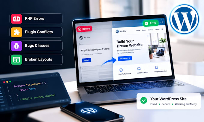 fix wordpress PHP errors, plugin conflicts, bugs and broken website layouts fast