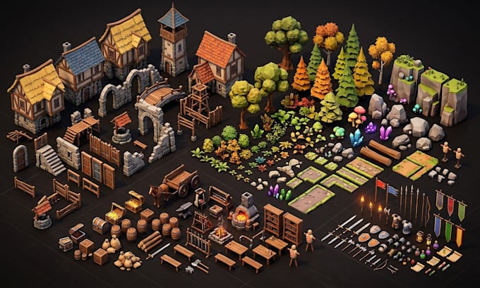 create fantasy medieval game props and low poly rpg assets with custom textures