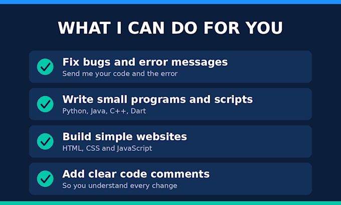 write and fix code in python, java, cpp, javascript and dart