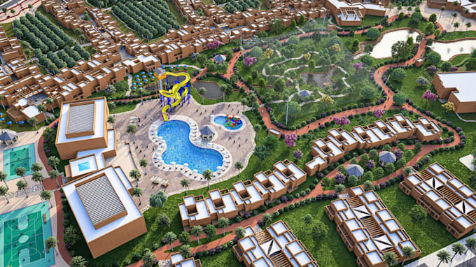 redesign urban master plan, resort mixed use development,desert landscape render