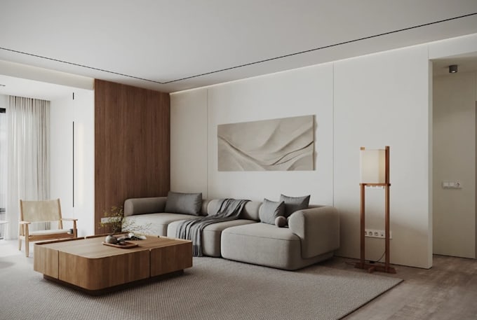 visualize contemporary apartment interior, cozy living space design, cgi render