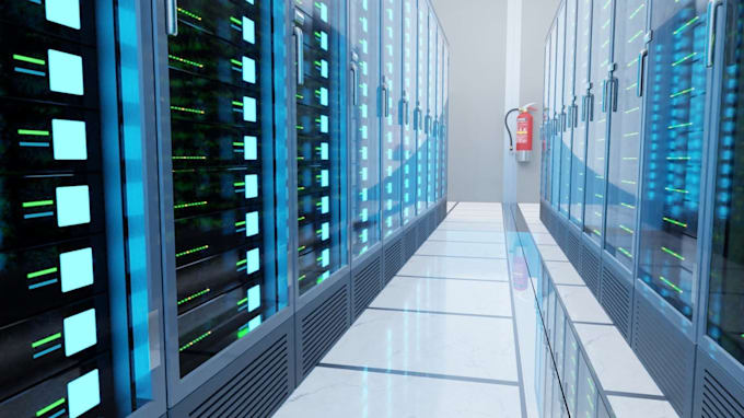 design 3d data center, server room interior, data hall layout, with 3d animation