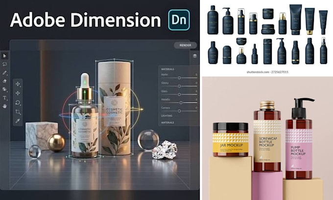 create bottle design cosmetic bottle,tube packaging, realistic product rendering