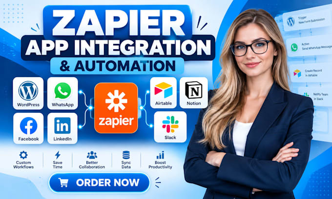 integrate wordpress whatsapp facebook linkedln airtable notion slack with zapier