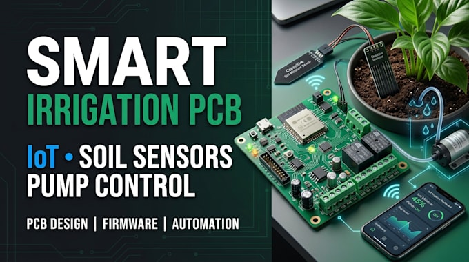 design smart irrigation pcb, soil moisture sensors, iot pump control, automation