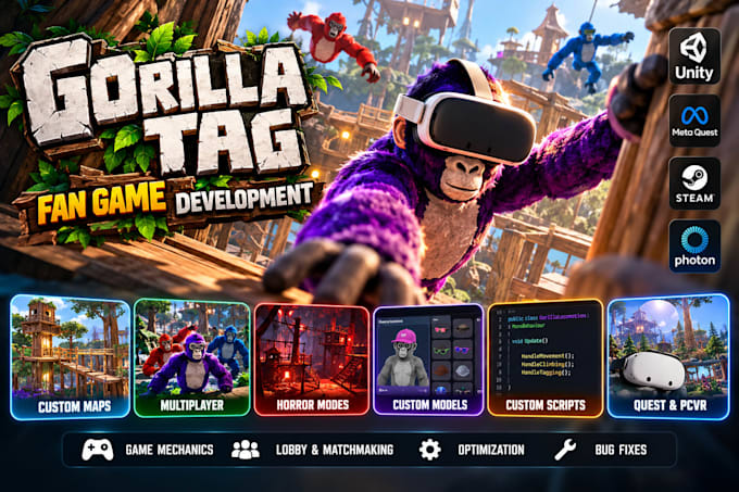 develop gorilla tag fan game unity vr coding scripts mods game development
