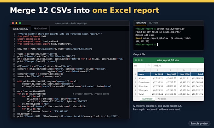 write or fix a python script to automate excel, CSV, or PDF tasks