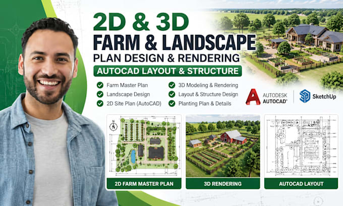 design 2d 3d farm master landscape plan rendering and autocad layout structure