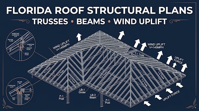florida roof plans, truss analysis, beam sizing, wind uplift and permit drawings