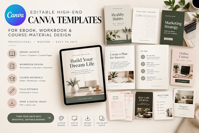 editable canva ebook, workbook and course material design