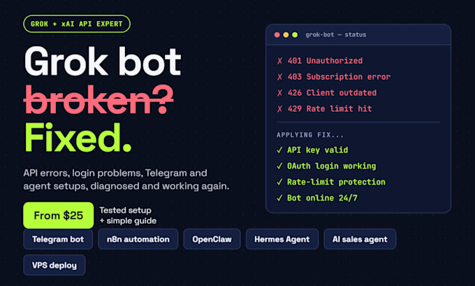 fix grok bot, grok api error xai api oauth telegram bot openclaw sales agent n8n