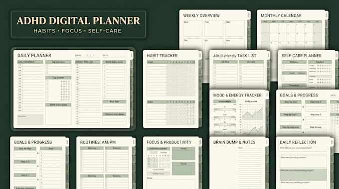 design adhd friendly digital planner with habit tracker,and self care pages