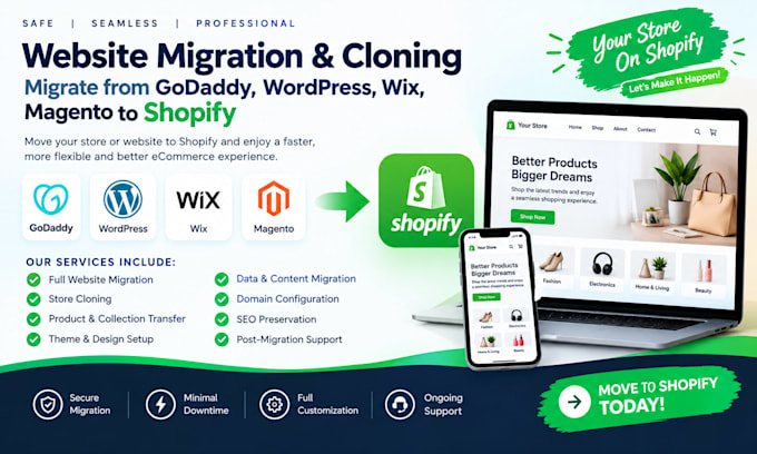website migration cloning migrate godaddy wordpress wix magento to shopify