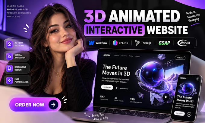 3d animated website interactive website webflow spline threejs gsap webgl