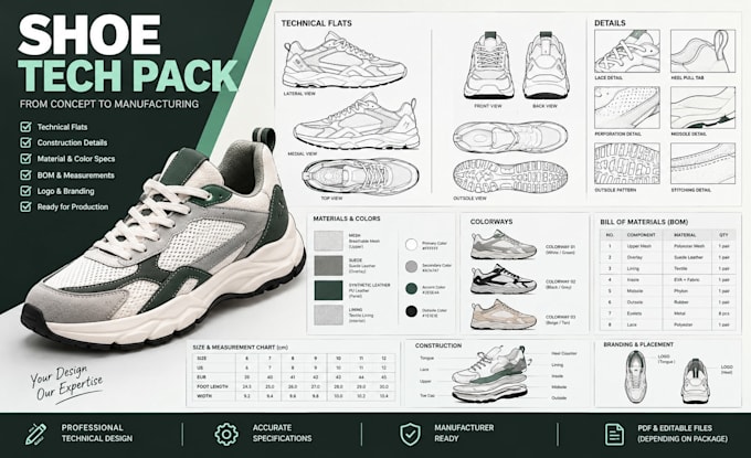 create shoe tech pack, shoe design, footwear tech pack and sneaker tech pack