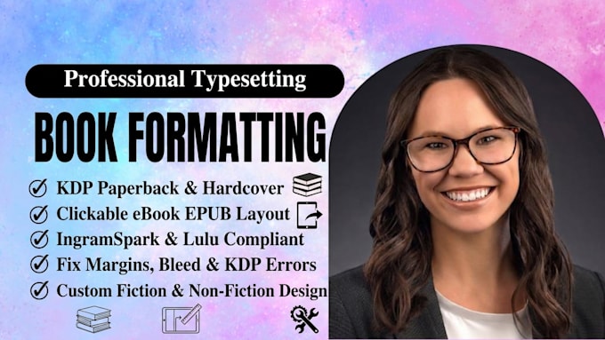 do book formatting, manuscript layout, poetry, novel typesetting, fix KDP errors