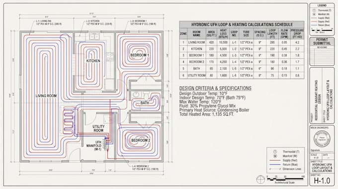 design radiant floor heating, hydronic ufh loops heating calculation for permit