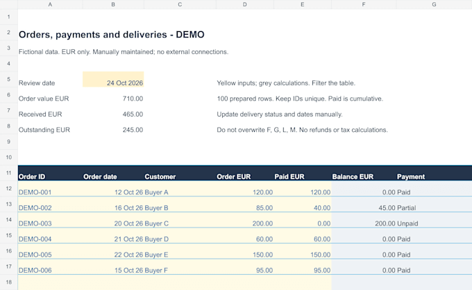 create an excel order payment and delivery tracker