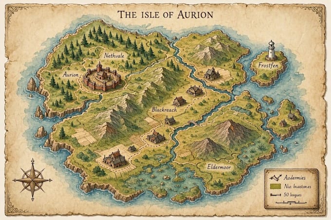 make fantasy map design or map illustration