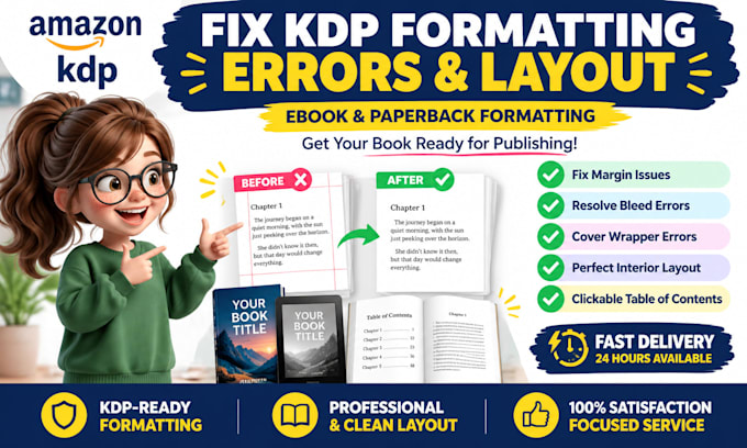 fix KDP formatting errors, interior layout and bleed for print or ebook