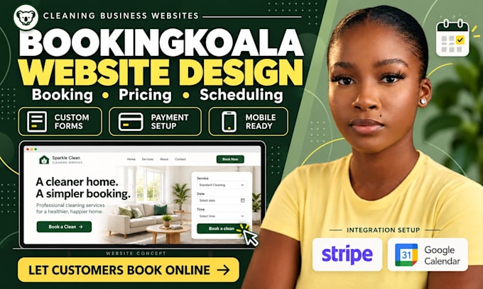 build booking koala cleaning website with bookingkoala scheduling, pricing, SEO