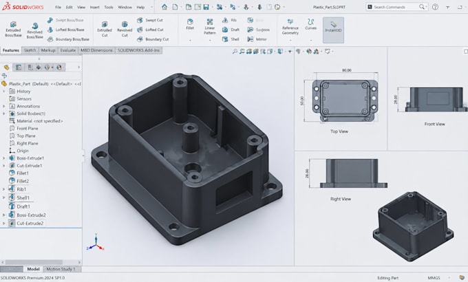 do industrial product design, plastic part,  enclosure, assemblies in solidworks