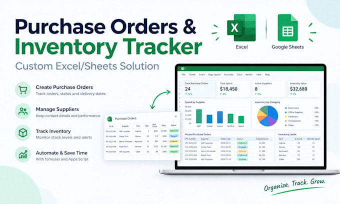 create a purchase order, supplier tracking and inventory management spreadsheet