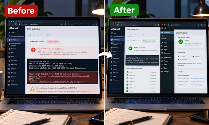 upgrade PHP version, fix errors and apply security patches