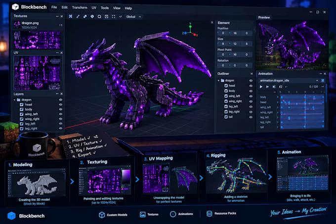 create custom minecraft recourcepack, 3d models, animated