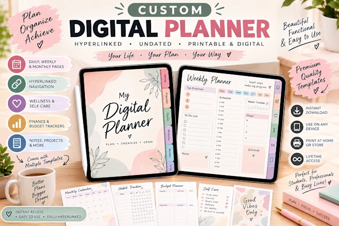 etsy digital planners, hyperlinked planners, journals