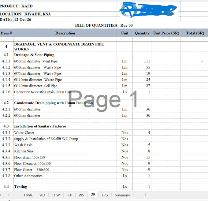 provide mep quantity takeoff