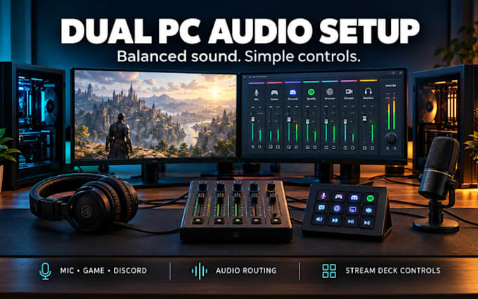 setup or fix mic, dual PC audio routing and stream deck for clear streaming