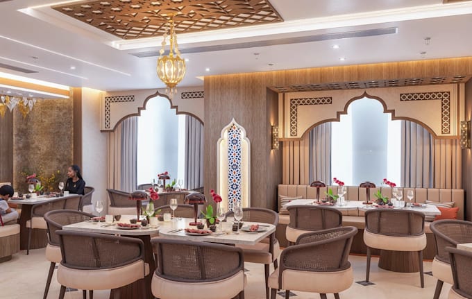 redesign 3d moroccan restaurant,hotel lounge interior,dining layout, cafe render
