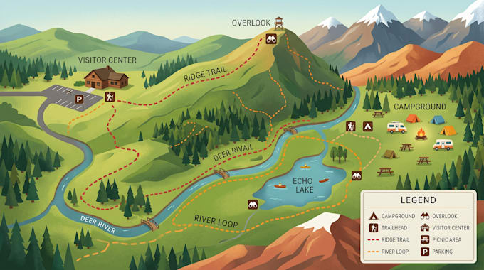 hiking trail map, park map, outdoor recreation map, campsite map, visitor guide