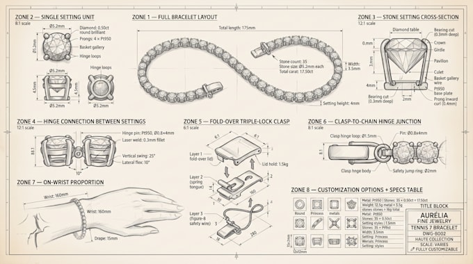 design custom bracelet concept with technical blueprint sketch