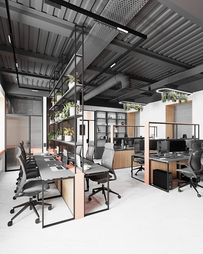 redesign office interior 3d rendering,open workspace, meeting room,2d floor plan
