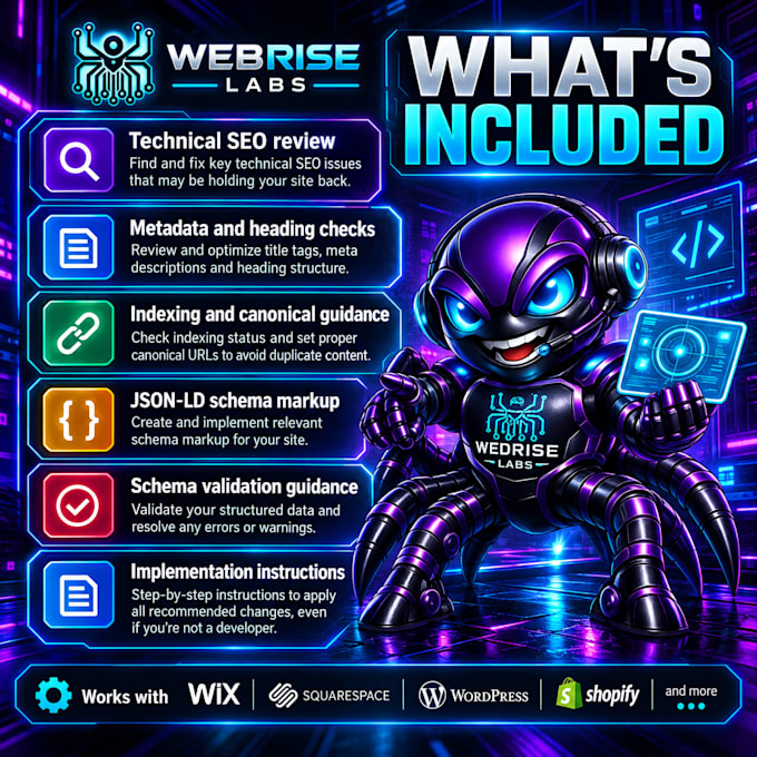 provide technical SEO fixes and schema markup code