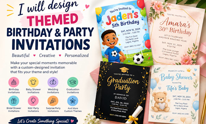 design themed birthday and party invitations