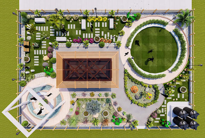 create landscape site plan, garden layout, backyard design, swimming pool render