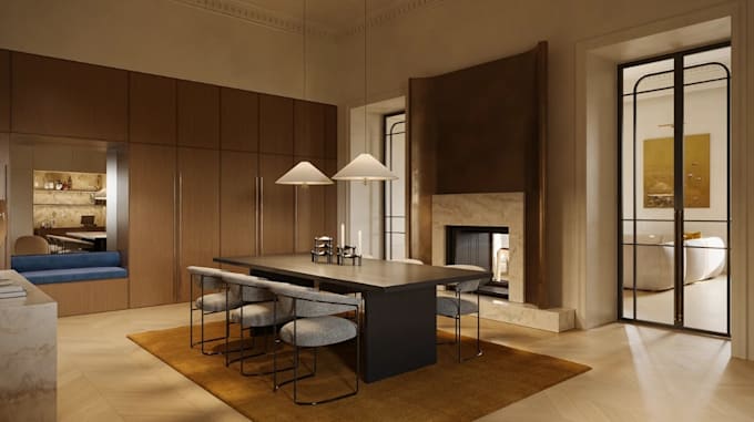 refine 3d apartment interior, realistic render for house facade, front elevation