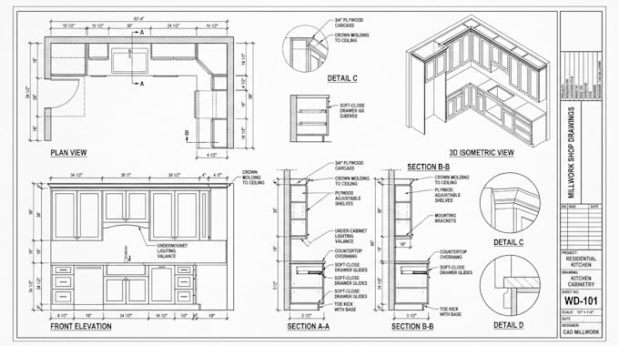 do custom kitchen cabinet, shop drawings and millwork drafting for manufacturing
