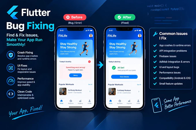 fix flutter app bugs, integrate admob, and troubleshoot apis